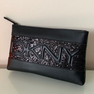 DKNY Clutch Black Vegan Leather Sparkly zipper Pouch with logo bag
